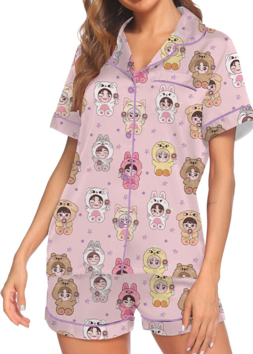 Women’s Kpop Characters Cute Satin Pajamas Set For Women, Pink Color, US Size S-5XL - Image 3