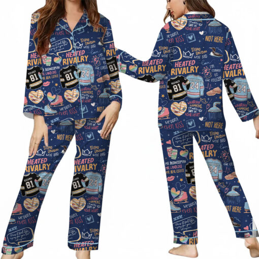 Women's Hockey Romance Couple Satin Pajamas Set, Navy Color, Size S-5XL - Image 13