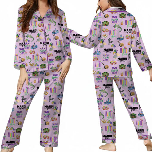 Women's Mardi Gras Hawaiian Satin Pajamas Set, Pastel Purple Color, Size S-5XL - Image 9