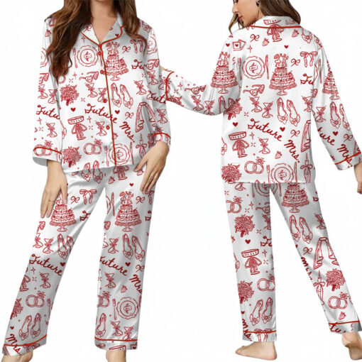 Women's Future Mrs Bride To Be Gift In My Engaged Era Satin Pajamas Set, White Color, US Size S-5XL - Image 8