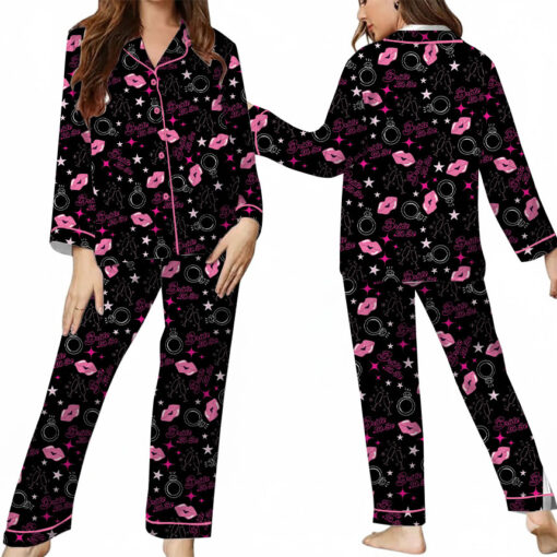 Women's Bachelorette Party Pattern Satin Pajamas Set, Black Color, US Size S-5XL - Image 12