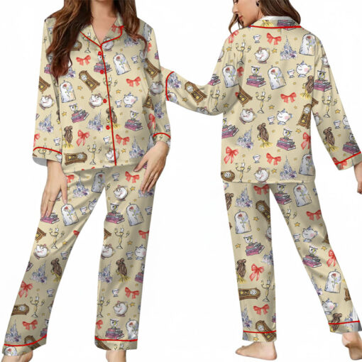 Women's Belle Princess Coquette Satin Pajamas Set, Sand Color, US Size S-5XL - Image 8