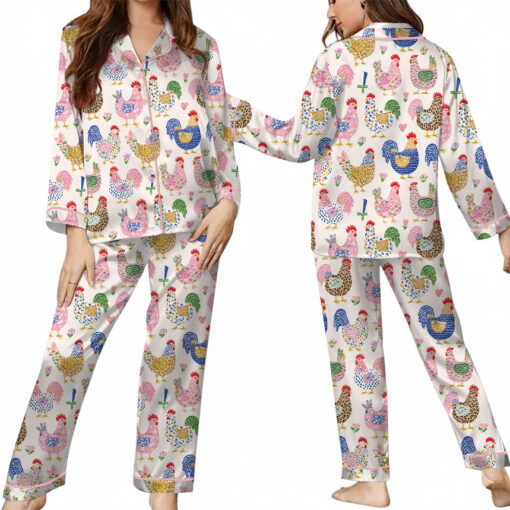 Women's Floral Chicken Satin Pajamas Set, White Color, US Size S-5XL - Image 8
