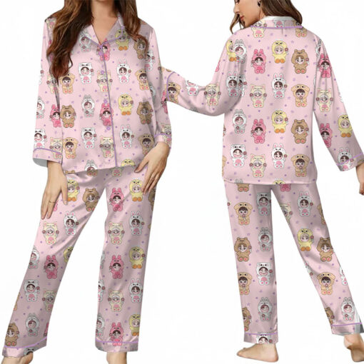 Women’s Kpop Characters Cute Satin Pajamas Set For Women, Pink Color, US Size S-5XL - Image 9