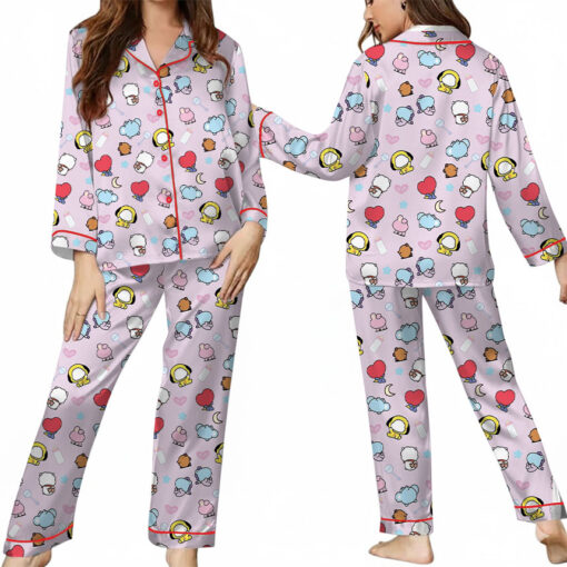 Women’s Kpop Characters Cute Satin Pajamas Set For Women, Pink Color, US Size S-5XL - Image 9