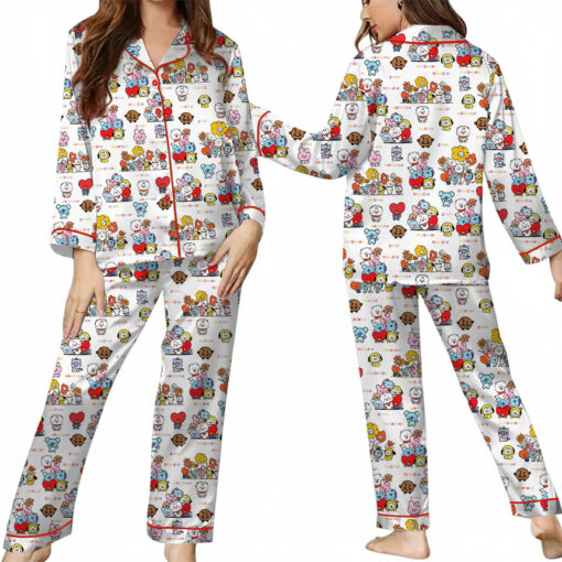 Women’s BT21 K-Pop Music Satin Pajamas Set For Women, White Color, US Size S-5XL - Image 9