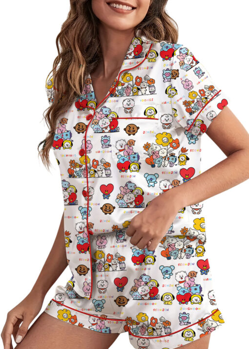 Women’s BT21 K-Pop Music Satin Pajamas Set For Women, White Color, US Size S-5XL - Image 2