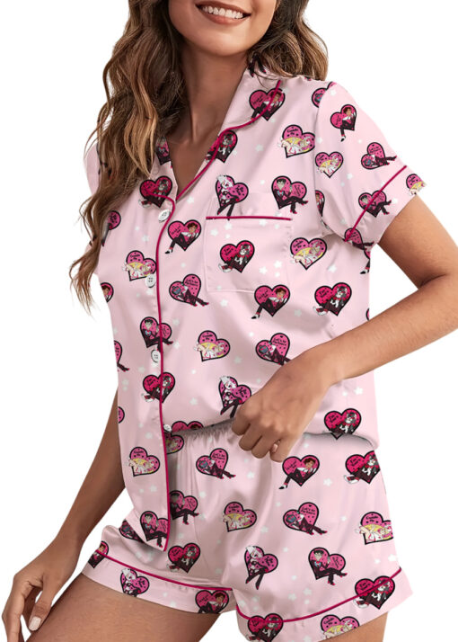 Women’s Hazbin Hotel Valentines Day Satin Pajamas Set For Women, Light Pink Color, US Size S-5XL - Image 2
