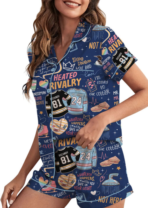 Women's Hockey Romance Couple Satin Pajamas Set, Navy Color, Size S-5XL - Image 2