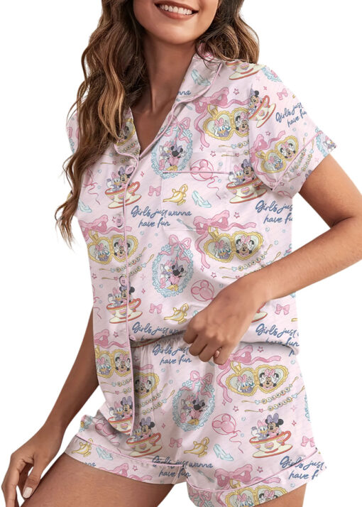 Women's Minnie And Daisy Besties Sleepwear Satin Pajamas Set, Light Pink Color, Size S-5XL - Image 5