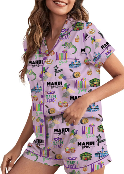 Women's Mardi Gras Hawaiian Satin Pajamas Set, Pastel Purple Color, Size S-5XL - Image 3