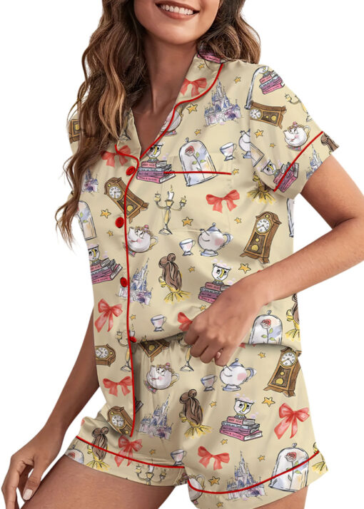 Women's Belle Princess Coquette Satin Pajamas Set, Sand Color, US Size S-5XL - Image 5