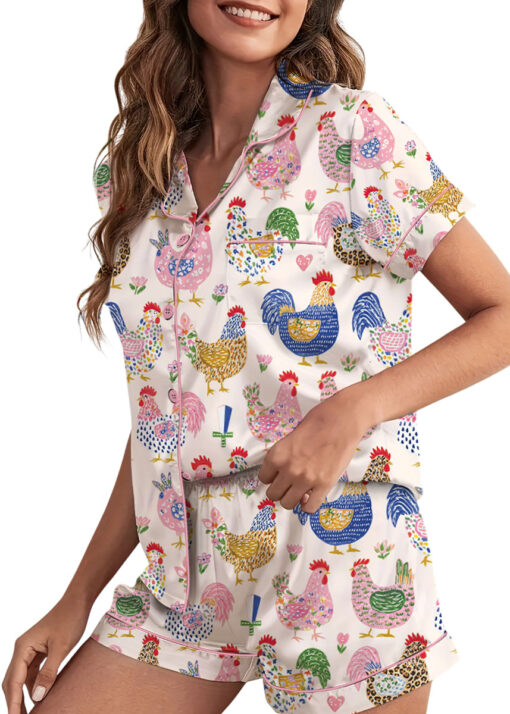 Women's Floral Chicken Satin Pajamas Set, White Color, US Size S-5XL - Image 3