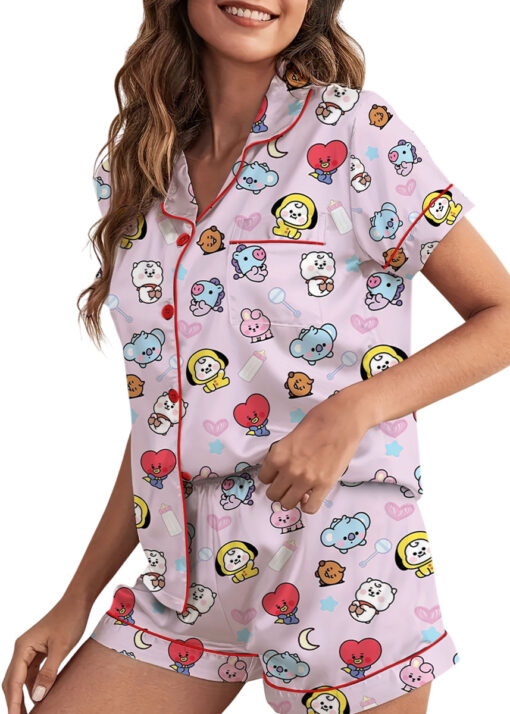 Women’s BT21 K-Pop Music Satin Pajamas Set For Women, Pink Color, US Size S-5XL - Image 4