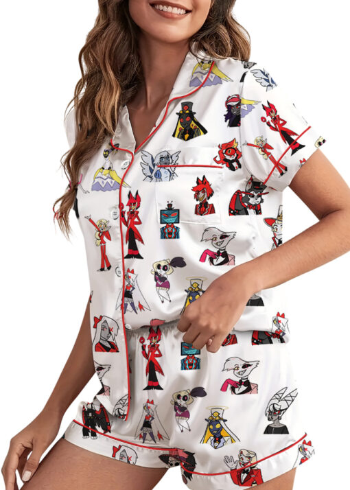 Women’s Hazbin Hotel Alastor Lucifer Satin Pajamas Set For Women, White Color, US Size S-5XL - Image 5