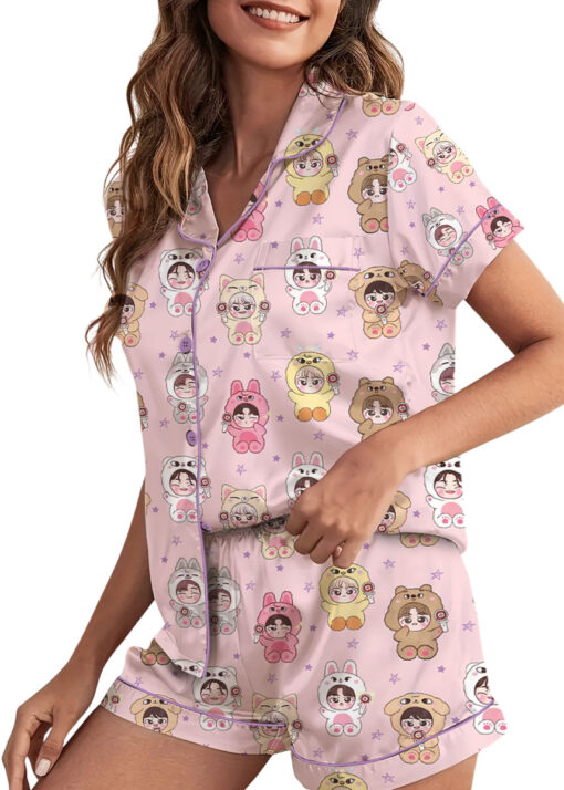 Women’s Kpop Characters Cute Satin Pajamas Set For Women, Pink Color, US Size S-5XL - Image 2
