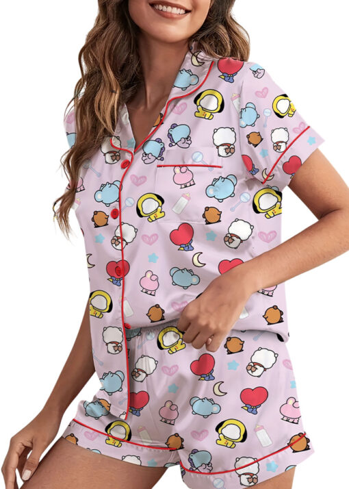 Women’s Kpop Characters Cute Satin Pajamas Set For Women, Pink Color, US Size S-5XL - Image 2