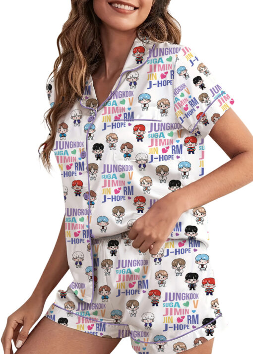 Women’s BT21 K-Pop Music Satin Pajamas Set For Women, White Color, US Size S-5XL - Image 4