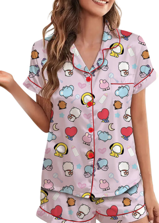 Women’s Kpop Characters Cute Satin Pajamas Set For Women, Pink Color, US Size S-5XL - Image 5