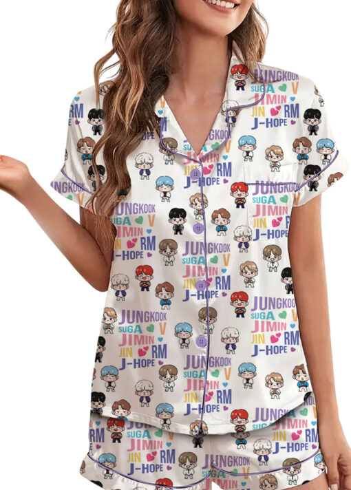 Women’s BT21 K-Pop Music Satin Pajamas Set For Women, White Color, US Size S-5XL - Image 3