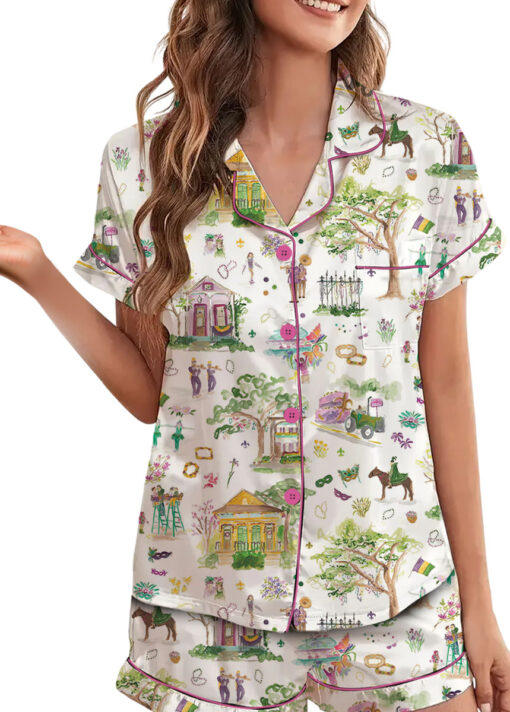 Women’s Mardi Gras Parade Satin Pajamas Set For Women, White Color, US Size S-5XL - Image 4