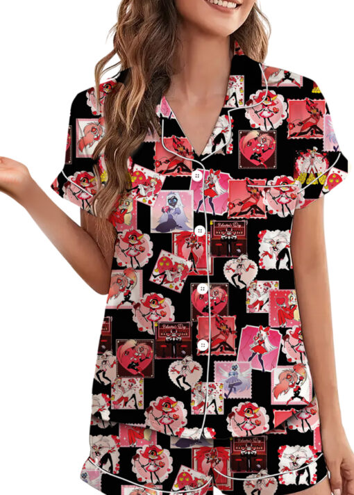 Women’s Hazbin Hotel Anime Couple Water Resistant Valentine Satin Pajamas Set For Women, Black Color, US Size S-5XL - Image 2
