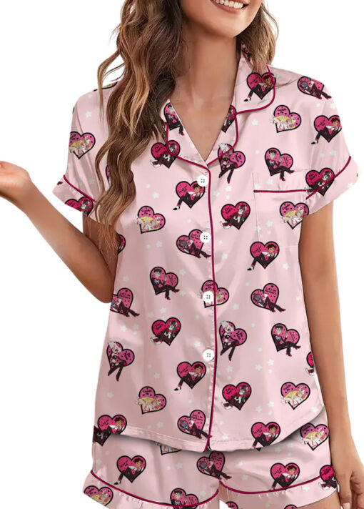 Women’s Hazbin Hotel Valentines Day Satin Pajamas Set For Women, Light Pink Color, US Size S-5XL - Image 3