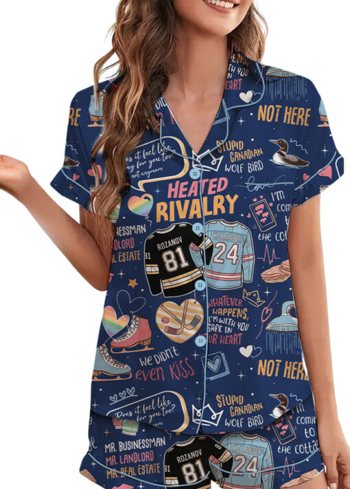 Women's Hockey Romance Couple Satin Pajamas Set, Navy Color, Size S-5XL - Image 6