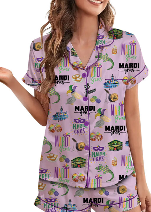 Women's Mardi Gras Hawaiian Satin Pajamas Set, Pastel Purple Color, Size S-5XL - Image 4