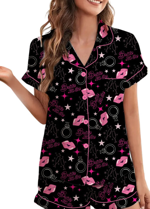 Women's Bachelorette Party Pattern Satin Pajamas Set, Black Color, US Size S-5XL - Image 7