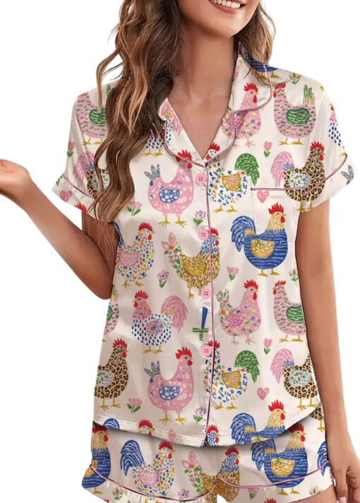 Women's Floral Chicken Satin Pajamas Set, White Color, US Size S-5XL - Image 5