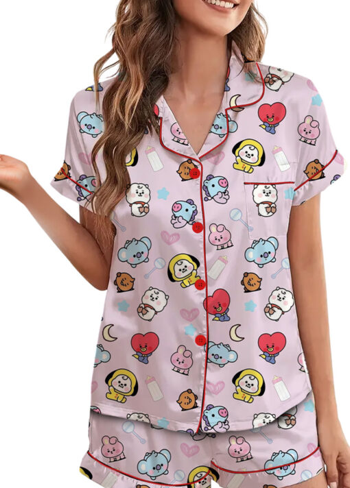 Women’s BT21 K-Pop Music Satin Pajamas Set For Women, Pink Color, US Size S-5XL - Image 3