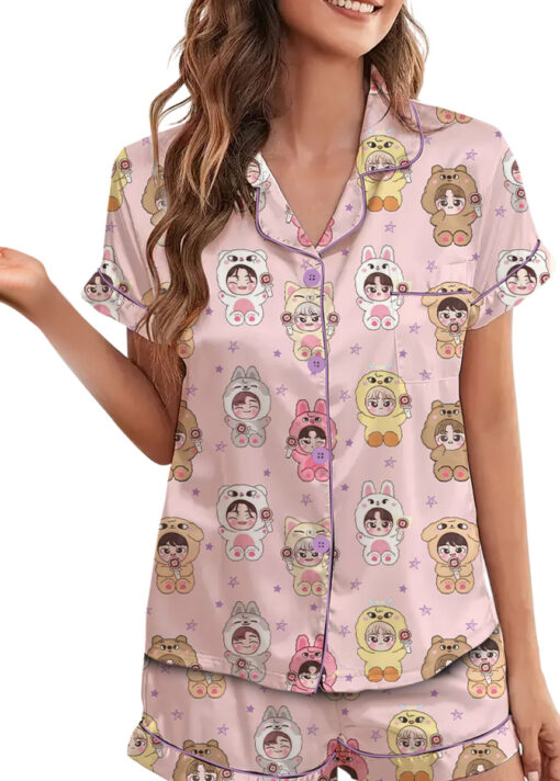 Women’s Kpop Characters Cute Satin Pajamas Set For Women, Pink Color, US Size S-5XL - Image 4