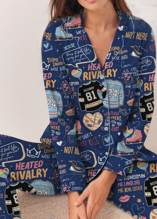 Women's Hockey Romance Couple Satin Pajamas Set, Navy Color, Size S-5XL - Image 12