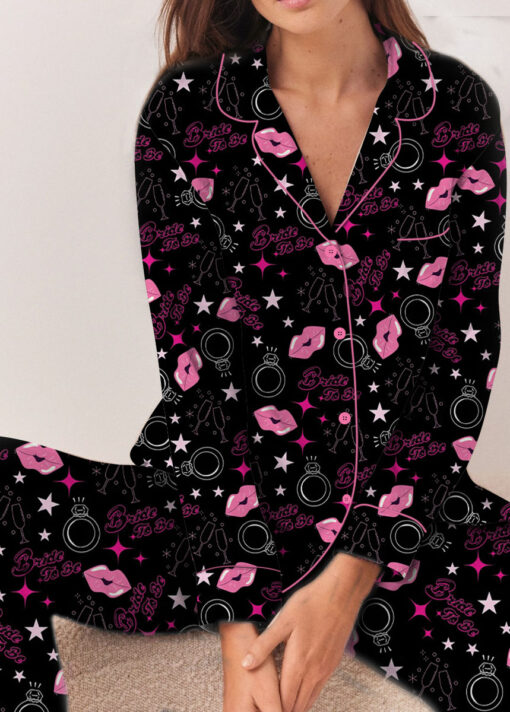 Women's Bachelorette Party Pattern Satin Pajamas Set, Black Color, US Size S-5XL - Image 11