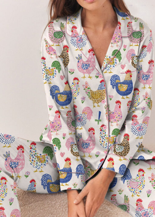 Women's Floral Chicken Satin Pajamas Set, White Color, US Size S-5XL - Image 13