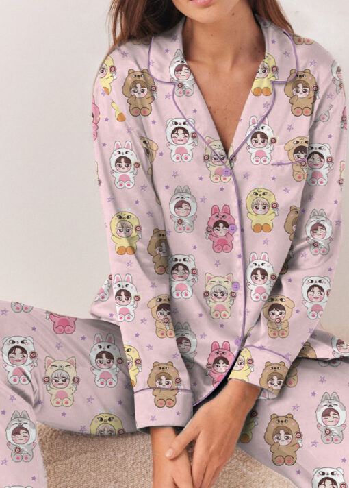Women’s Kpop Characters Cute Satin Pajamas Set For Women, Pink Color, US Size S-5XL - Image 10