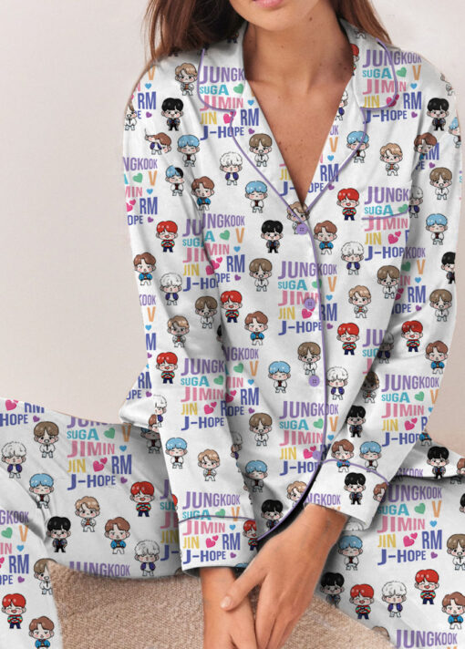Women’s BT21 K-Pop Music Satin Pajamas Set For Women, White Color, US Size S-5XL - Image 10
