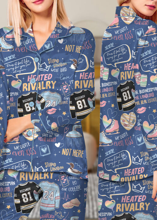 Women's Hockey Romance Couple Satin Pajamas Set, Navy Color, Size S-5XL - Image 11