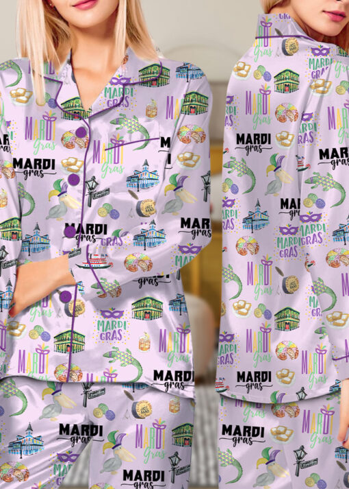 Women's Mardi Gras Hawaiian Satin Pajamas Set, Pastel Purple Color, Size S-5XL - Image 10