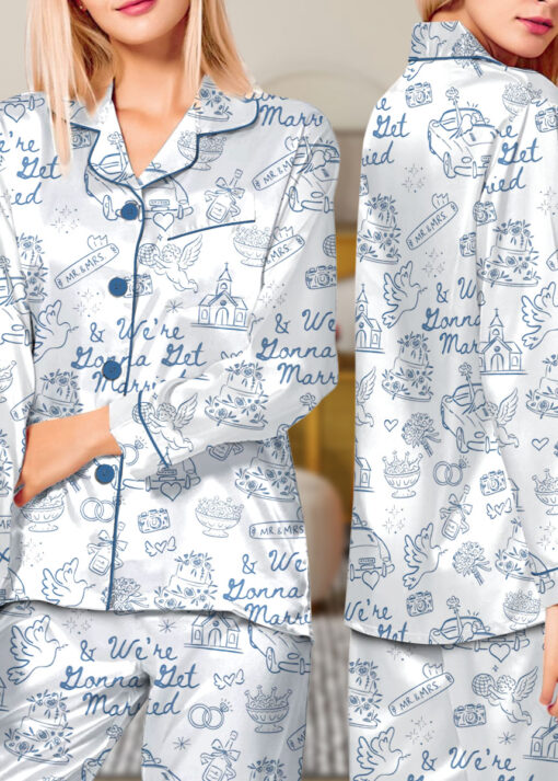 Women’s Going To The Chapel We're Gonna Get Married Wedding Satin Pajamas Set, White Color, US Size S-5XL - Image 9