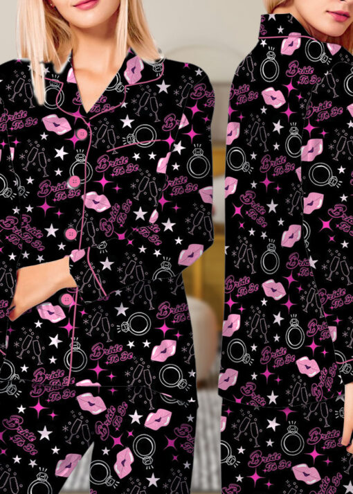 Women's Bachelorette Party Pattern Satin Pajamas Set, Black Color, US Size S-5XL - Image 9