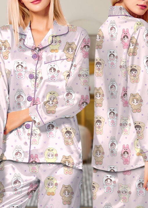 Women’s Kpop Characters Cute Satin Pajamas Set For Women, Pink Color, US Size S-5XL - Image 12