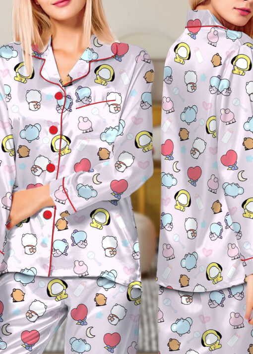 Women’s Kpop Characters Cute Satin Pajamas Set For Women, Pink Color, US Size S-5XL - Image 12