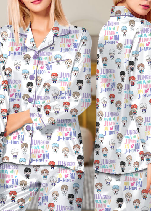 Women’s BT21 K-Pop Music Satin Pajamas Set For Women, White Color, US Size S-5XL - Image 12