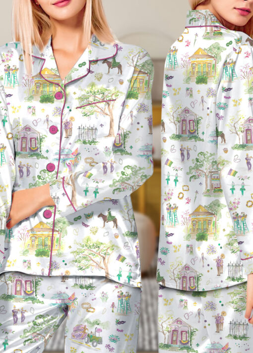 Women’s Mardi Gras Parade Satin Pajamas Set For Women, White Color, US Size S-5XL - Image 12