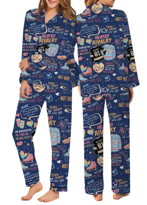 Women's Hockey Romance Couple Satin Pajamas Set, Navy Color, Size S-5XL - Image 10