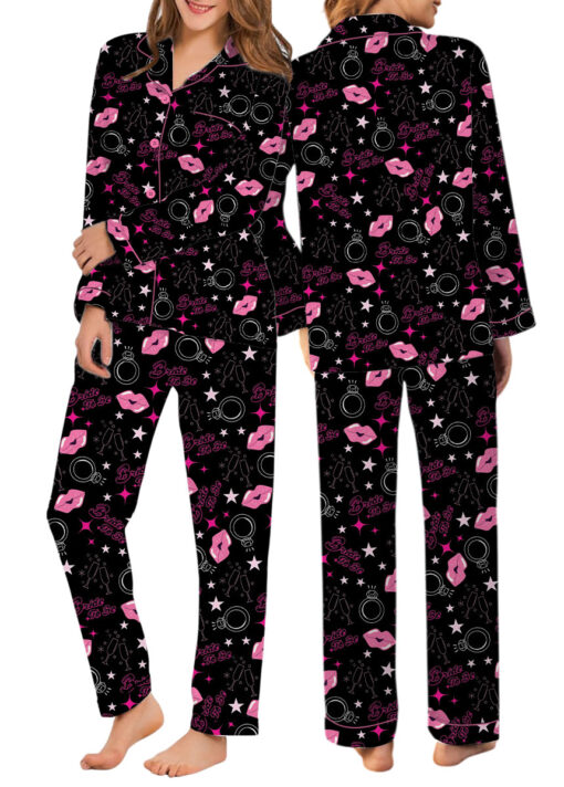 Women's Bachelorette Party Pattern Satin Pajamas Set, Black Color, US Size S-5XL - Image 10