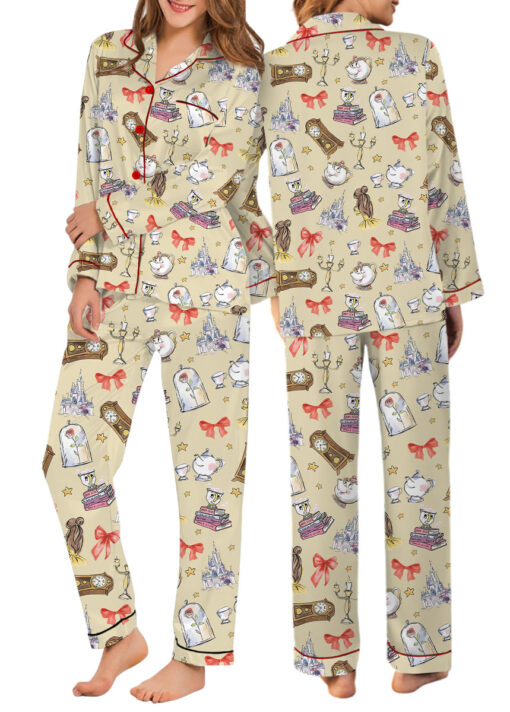 Women's Belle Princess Coquette Satin Pajamas Set, Sand Color, US Size S-5XL - Image 9