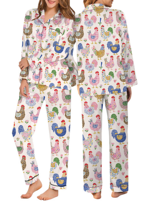 Women's Floral Chicken Satin Pajamas Set, White Color, US Size S-5XL - Image 12